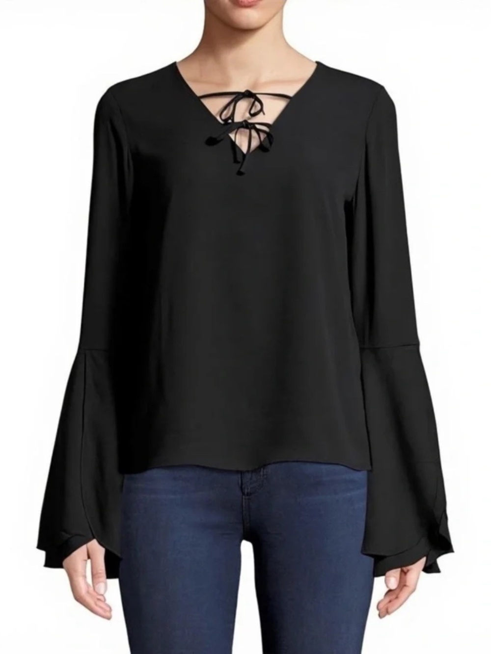 (13) Carmen Marc Valvo V Neck Split Bell Sleeve Blouse Black Medium
